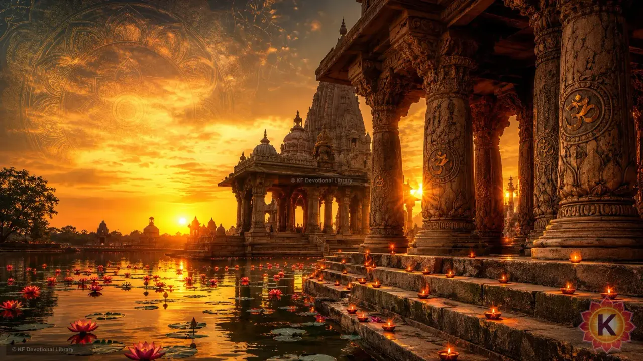 Ancient Indian temple architecture shining in golden sunlight